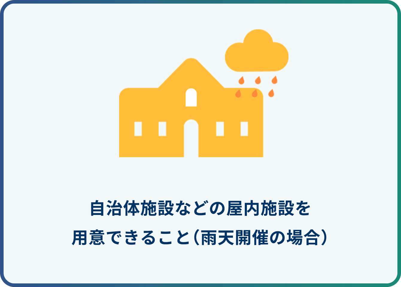 自治体施設などの屋内施設を用意できること（雨天開催の場合）