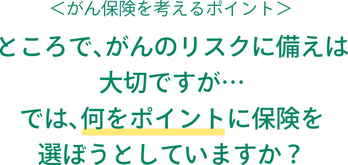 ＜がん保険を考えるポイント＞ ところで、がんのリスクに備えは大切ですが… では、何をポイントに保険を選ぼうとしていますか？